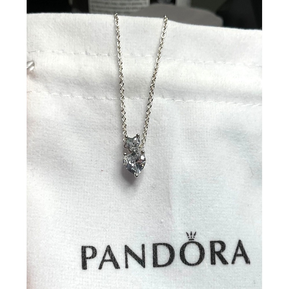 NEW SPARKLING PANDORA Collier Double Heart CZ STERLING SILVER 925 ALE